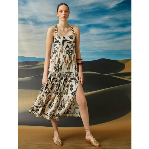 Black Slit Detailed Aztec Patterned Diagonal Back Strap Dress 100% Viscose Womens Summer Holiday Bohemian Style