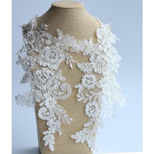 Ivory Alencon Lace Applique Beaded Sequined Patch For Wedding Supplies Bridal Hair Flower Headpiece
