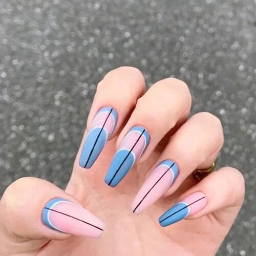 Matcha Green French False Nails Pink Blue Wave Line Fake Nails With Glue Press On Nails Long Nail Art Tips DIY Nail Art Tools