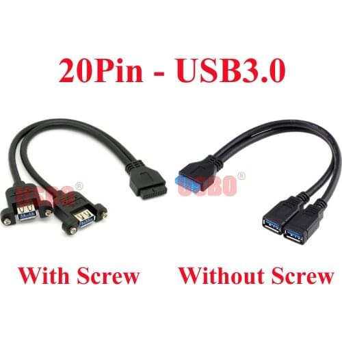 High quality Black 25cm 2-into-1 USB3.0 cable motherboard 20 Pin male to female dual USB3.0 data cable with screws hole fixed