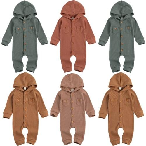 FOCUSNORM Newborn Baby Boys Causal Rompers 4 Colors Solid Long Sleeve Single Breasted Hooded Jumpsuits 0-24M