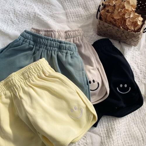 Summer Baby Girls Boys Shorts 4 Color Cotton Children Beach Loose Shorts Casual Pants Comfortable Elastic Waist Smile Embroidery