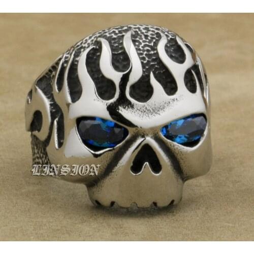 US Size 7 to 15 Solid 316L Stainless Steel Fire Skull Blue CZ Eyes Mens Biker Rocker Punk Ring 3F102
