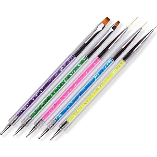 5Pcs Set UV Gel Painting Nail Art Dotting Pen Acrylic Handle Rhinestone Crystal 2 Way Brush Salon Decoration Manicure Tools