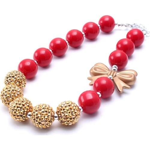 New arrival girls party jewelry necklace becatiful chunky red acrylic golden resin beads necklace cutely kids bubblegum necklace