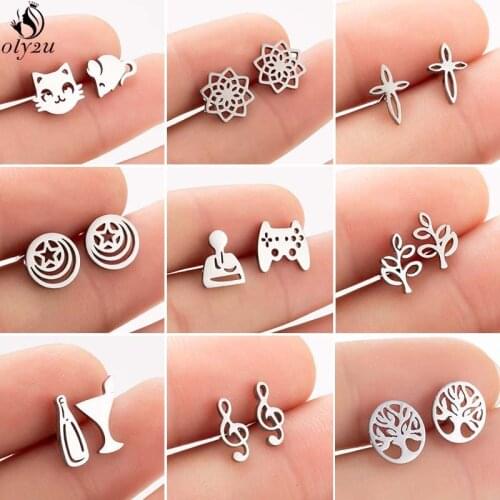 Oly2u Lovely Stainless Steel Stud Earrings Women pendientes Geometric Cat Leaf Flower Star Music Earings Jewelry Girlfriend Gift