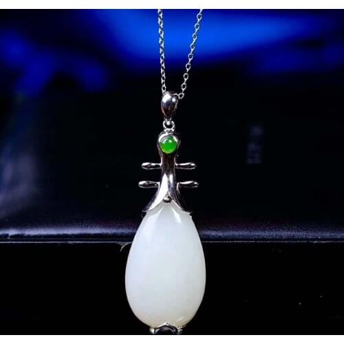 Natural jade Pipa Pendant Necklace, 925 Sterling Silver classics, Tang Dynasty Jade Pipa Pendant
