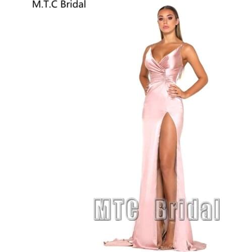 Blush Pink Sexy Long Evening Dress High Slit Backless Shiny Satin Mermaid Prom Gowns Plus Size Women Formal Dresses Wholesale