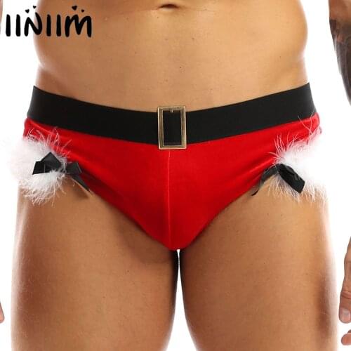Sexy Mens Velvet Briefs Lingerie Panties Exotic Xmas Jockstraps Pouch Feather Bowknot Thong Christmas Underwear Underpants
