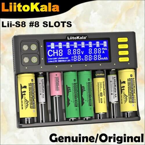 LiitoKala Lii-S8 LCD Battery Charger Li-ion 3.7V NiMH 1.2V Li-FePO4 3.2V IMR 3.8V for 18650 26650 21700 26700 18350 AA AAA 9V