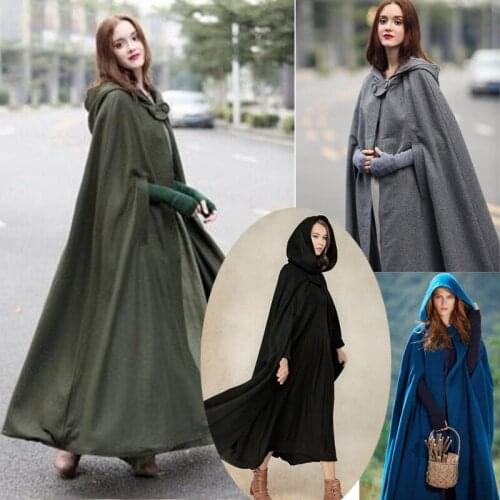 Women Woolen Long Cloak Cape Coat Hooded Wool Poncho Winter Warm Coat Jacket Long Cloak Cape Parka Outwear Cardigan Plus size