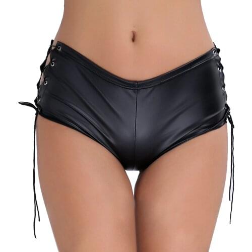 2021 Women Sexy Briefs Shorts Club Costume Bottom Patent Leather Lace Up Performance Hot Shorts Clubwear for Party Dance Club