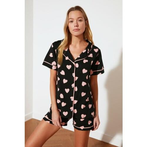 Womens 100% Cotton Heart Pattern Knitted Pajamas Set Summer Short Sleeve Femme Nightgown Two-Piece Shirt Shorts Set Casual Sleepwear Button