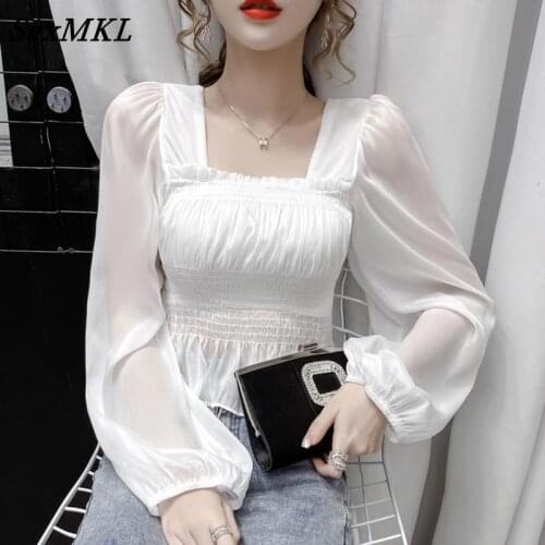 Women Corset Top Blouse 2021 Fashion Long Sleeve Sexy Chiffon Shirts White Korean Slim Puff Sleeve Office Crop Vintage Blouses