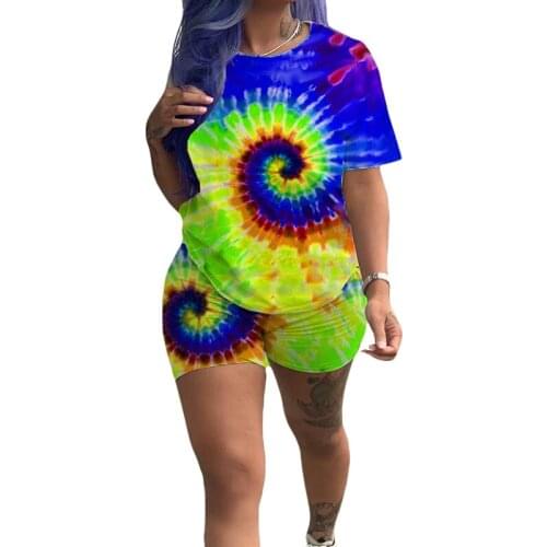 2021 Summer Women Two Pieces Set Tracksuits Short Sleeve Tops + Shorts Suits Sexy Night Joggers Tie-Dye Print Sports Outfits