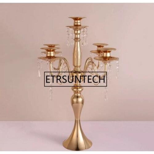 10pcs 55cm Tall 5 Arms Gold Candelabra with Glass Hanging Beads Wedding Party Decoration Table Centerpiece Candle Holders