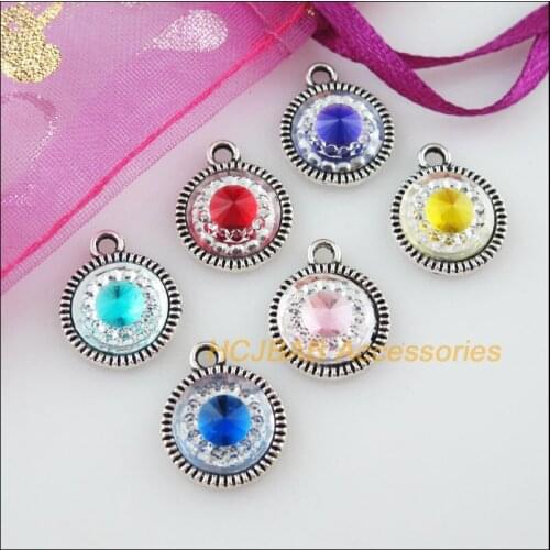18 New Round Flower Resin Mixed Charms Tibetan Silver Color Pendant 12.5x15.5mm