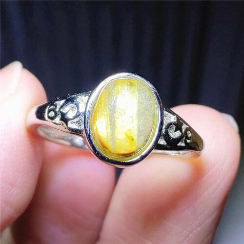9x7mm Genuine Natural Gold Rutilated Quartz Adjustable Men Ring Crystal Oval 925 Sterling Silver Wealthy Stone Ring AAAAAA