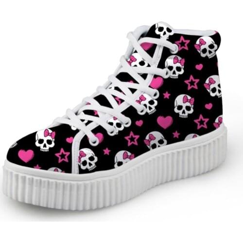 Noisydesigns Teenagers Girls Ankle Boots Funny Skull Print Women Flats Platform Creepers Height Increasing Canvas High Top Shoes