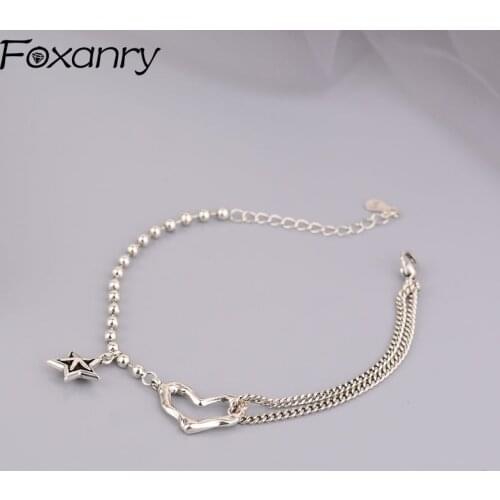 FOXANRY 925 Sterling Silver Bracelets INS Fashion Charming Simple Splicing Chain Design LOVE Heart Star Party Jewelry Girl Gifts