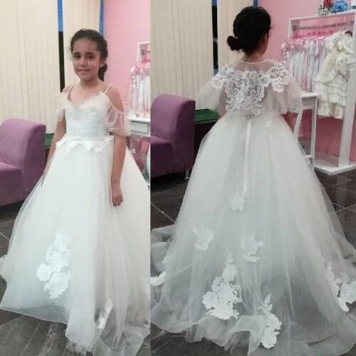 Elegant Two Pieces Flower Girl Dresses Weddings With Shawl Lace Applique Pageant Gowns for Girl Tulle Princess Party Dresses