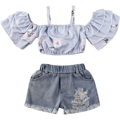 New 2PCS Kid Baby Girl Off Shoulder T-shirt Ripped Denim Shorts Summer Outfit Set