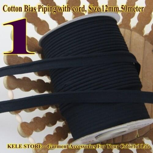 Free shipping--100% Cotton Bias Piping, Piping tape,bias Tape with cord,size:12mm,50yds,for DIY sewing textile solid col Black