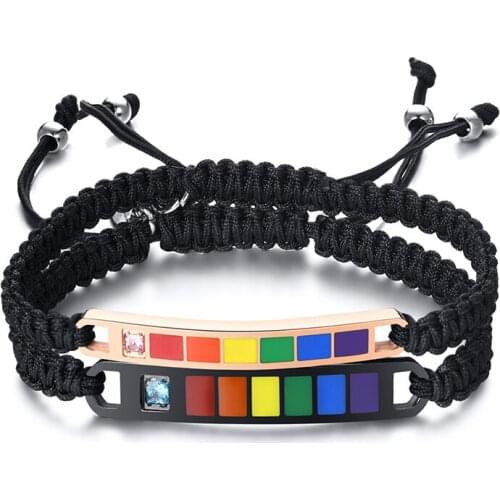 2021 LGBT Tiitanium Steel Zircon Rainbow Bend Brand Black Nylon Braided Adjustable Hand bracelet armbanden Lover Bracelet men