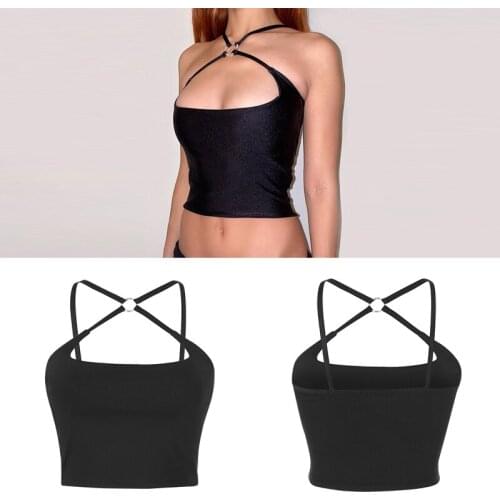Hot Kf-Women Sexy Bottoming Top With Summer Chest Ring Cross Vest Exposed Navel Womens Black