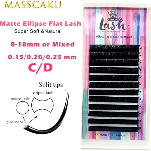 MASSCAKU Flat Ellipse Eyelash Extensions split tips ellipse shaped natural light false individual ellipse eyelashes wholesale