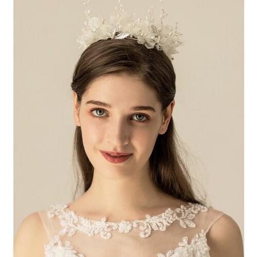 Elegant Sweetheart Bridal Headdress Silver Alloy Beads Chiffon Flowers Handmade Hair Hoop for Wedding Perform Studio Photo O576