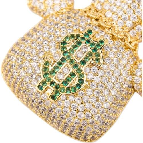 New Fashion Charm US Dollar Money Bag Pendant Necklace with 4mm Tennis Chain Bling Cubic Zircon Mens Hip Hop Rock Jewelry
