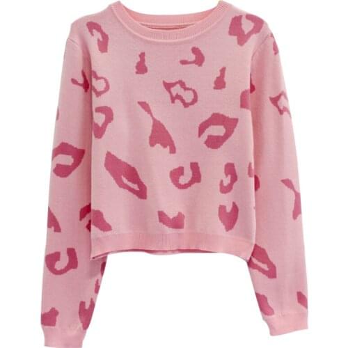 PERHAPS U Women Pink Leopard Sweater Crew Neck Knitted Pullovers Long Sleeve Winter Autumn Casual Sweet M0039