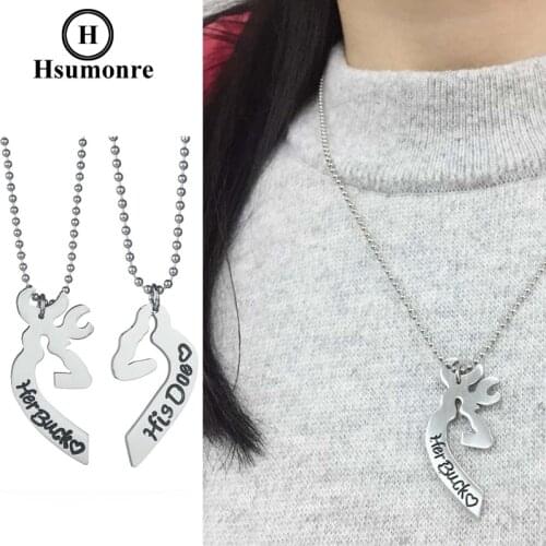 Elk Matching Heart Couple Necklace Stainless Steel Deer Her Buck His Doe Engraved Relationship Jewelry Promise Gift For Lover