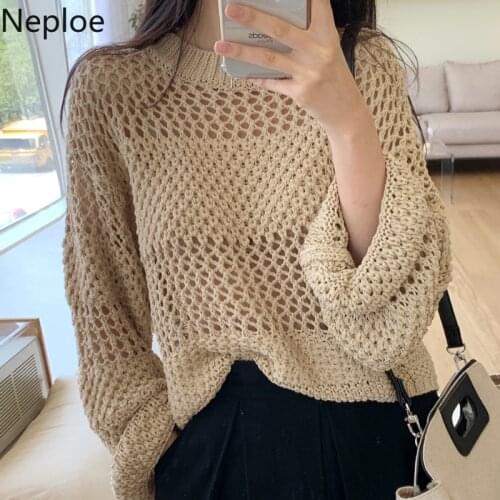 Neploe Hollow Out Sweater for Women Korean Fashion O Neck Solid Pullovers 2021 Summer Long Sleeve Loose Sunscreen Knitwear Tops