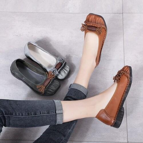 Casual Women Slip On Sewing Flats For Retro Fringe Ladies Cow Leather Shoes Soild Woman Shallow Soft Bottom Footwear Tilocow New