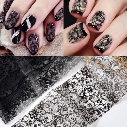 MEET ACROSS 10pcs/set Nails Foil Stickers Black Lace Flowers Design Manicure DIY Nail Art Transfer Paper Nails Art Decals