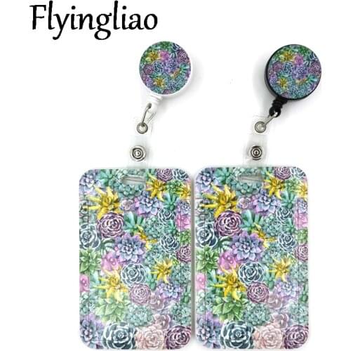 Succulent plants flowers Cartoon Retractable Badge Reel Lanyard Nurse ID Business Credit Card Work Card Badge Holder Office