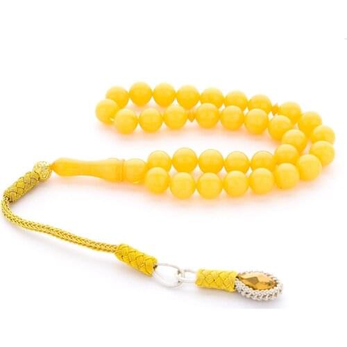 Yellow Sphere Cut Original Squeezing Amber Rosary Kazaz Tassels