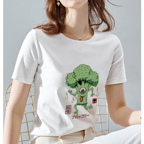 T-shirt Female Summer Leisure Self-cultivation Cartoon Green Vegetable Monster Print Short-sleeved Ladies Commuter O-neck Blouse