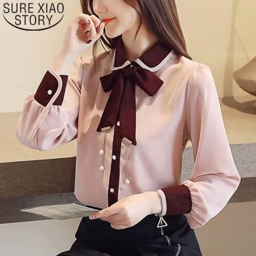 2021 Spring Fashion Women Chiffon Blouses Long Sleeve Beading Women Tops Casual Bow Office Lady Women Shirt Clothing 6161