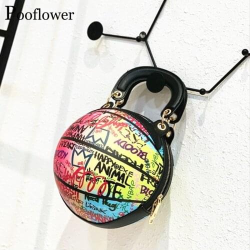Pooflower Fashion Basketball Purse for Women Handbags Letter Graffiti Print Chains Shoulder Crossbody Bag handtassen dames ZH241