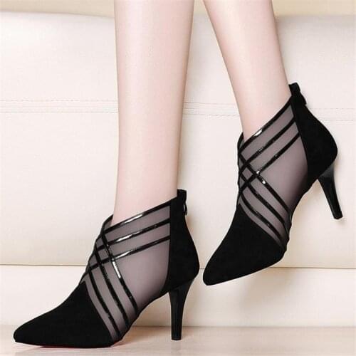 Fashion Mesh Lace Crossed Stripe Women Ladies Casual Pointed Toe High Stilettos Heels Pumps Feminine Mujer Sandals Shoes Size 39