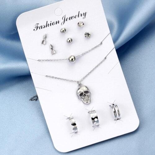 11PCS Fashion Jewelry Sets For Women Silver Color Pendant Necklace Bracelet Earrings Adjustable Rings Sets Ladies Punk Jewelry