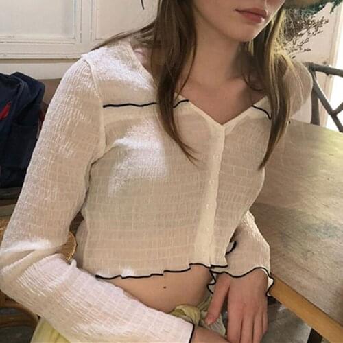 Women Pleated V Neck Cardigan Sexy Elegant Long Sleeve V Neck Slim Fit Holiday Casual Ruched White Short T Shirts Crop Tops
