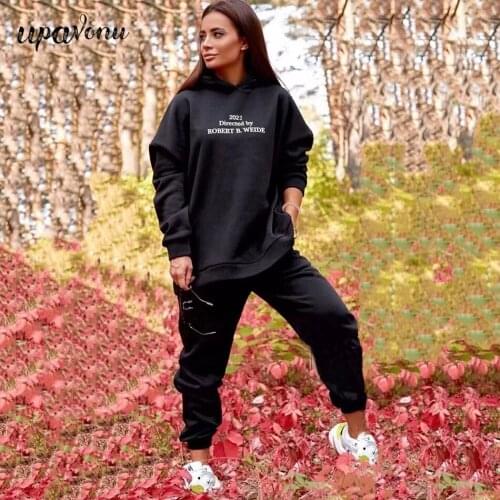 Free Shipping Solid Loose Letter Sportswear Suit Women Casual Long Sleeve Hooded Pullover Sweater & Elastic Pants Two-Piece Set