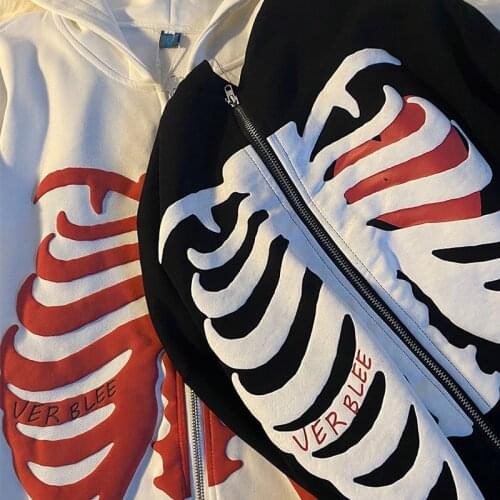 Gothic Skull bone Print Women Hip Hop Sweatshirts Japanese Anime Hoodies Harajuku Long sleeve Aesthetic Jacket Zip-up Hoody