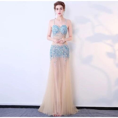 Sexy Spaghetti Straps Sweetheart Crystal Beading Champagne Prom Dresess 2019 Mermaid Long Evening Dress Formal Party Gowns