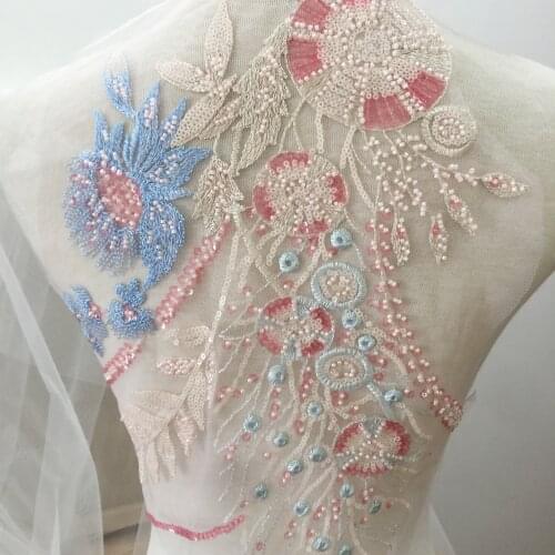2 pieces Chic 3D densely beaded embroidery lace aplique motif patch for Lyrical Dance Dress Prom Ballgown