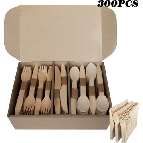 300Pcs/Set Disposable Wooden Cutlery Spoons Knives Forks Home Party Dessert Utensils Dining Tableware Supplies